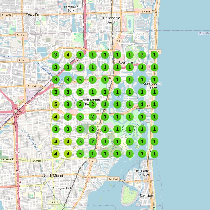 Local ranking grid for &ldquo;business lawyer&rdquo; after seven months: ranking first to fourth across North Miami Beach, Aventura and Sunny Isles Beach.