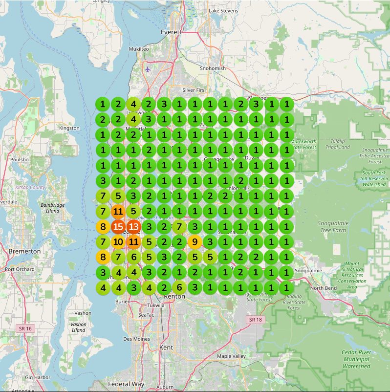 Local ranking grid for family law attorney after six months: first across most of the grid from Everett to Renton.
